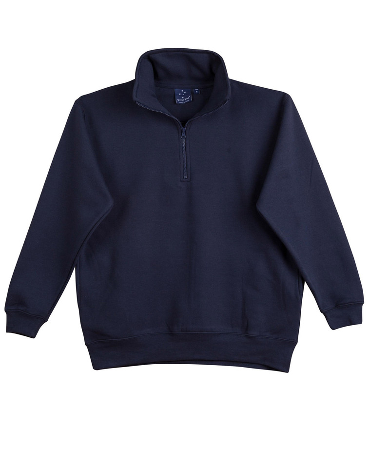 Navy half-zip pullover sweater with ribbed cuffs and hem, flat lay packshot