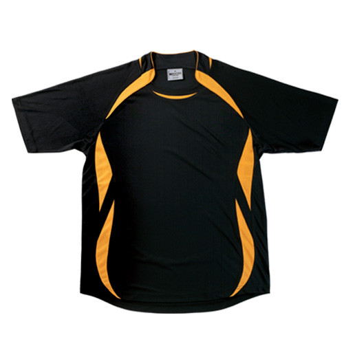 Black quick-dry sports jersey with gold contrast panels along shoulders and sides