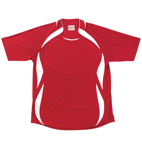 Red sports jersey with white contrast side panels and sleeve trim in moisture-wicking fabric