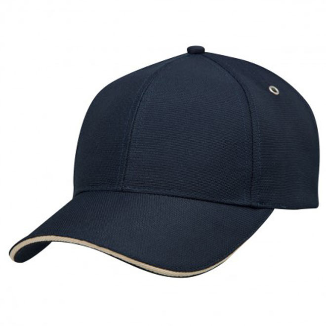 Navy blue six-panel sandwich cap with stone contrast brim trim and silver eyelet detail