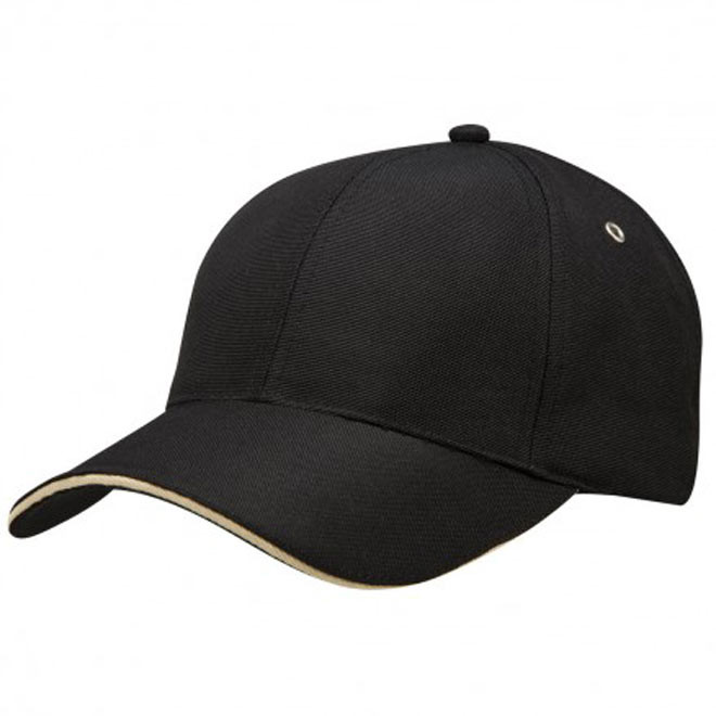 Black recycled PET cap with natural sandwich trim on curved peak and metal eyelets