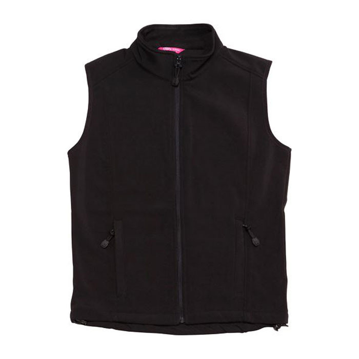 Black ladies softshell vest with full-length zip, stand collar, and two zip side pockets