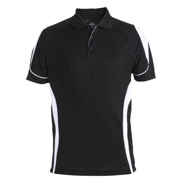 Black polo shirt with white side panels and white piping detail on sleeves