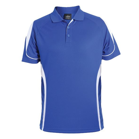Royal blue polo shirt with white contrast panels on sides and sleeve trim, featuring quick-dry fabric and collar