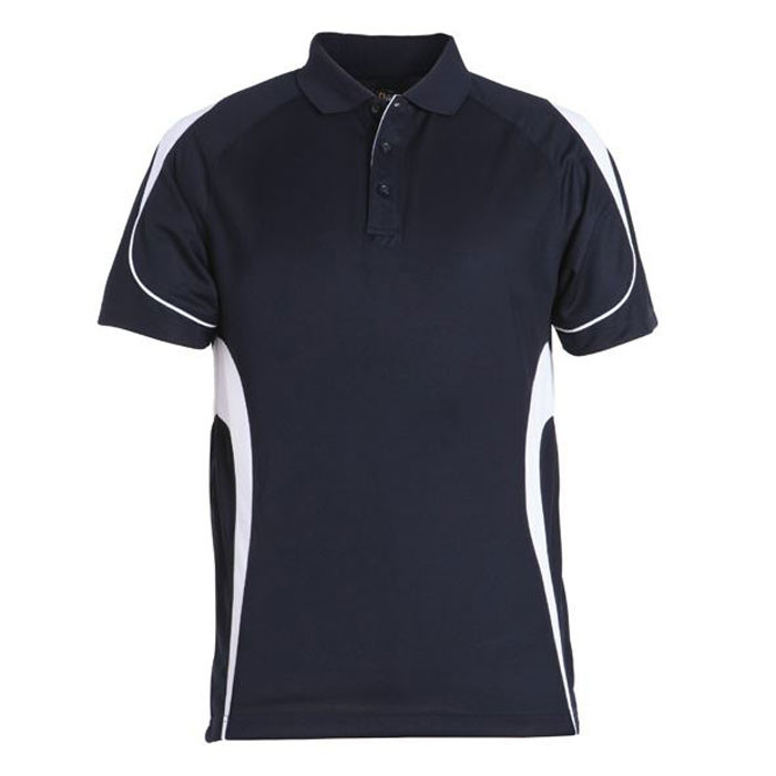Navy short-sleeve polo with white contrast side panels and white piping trim, three-button placket