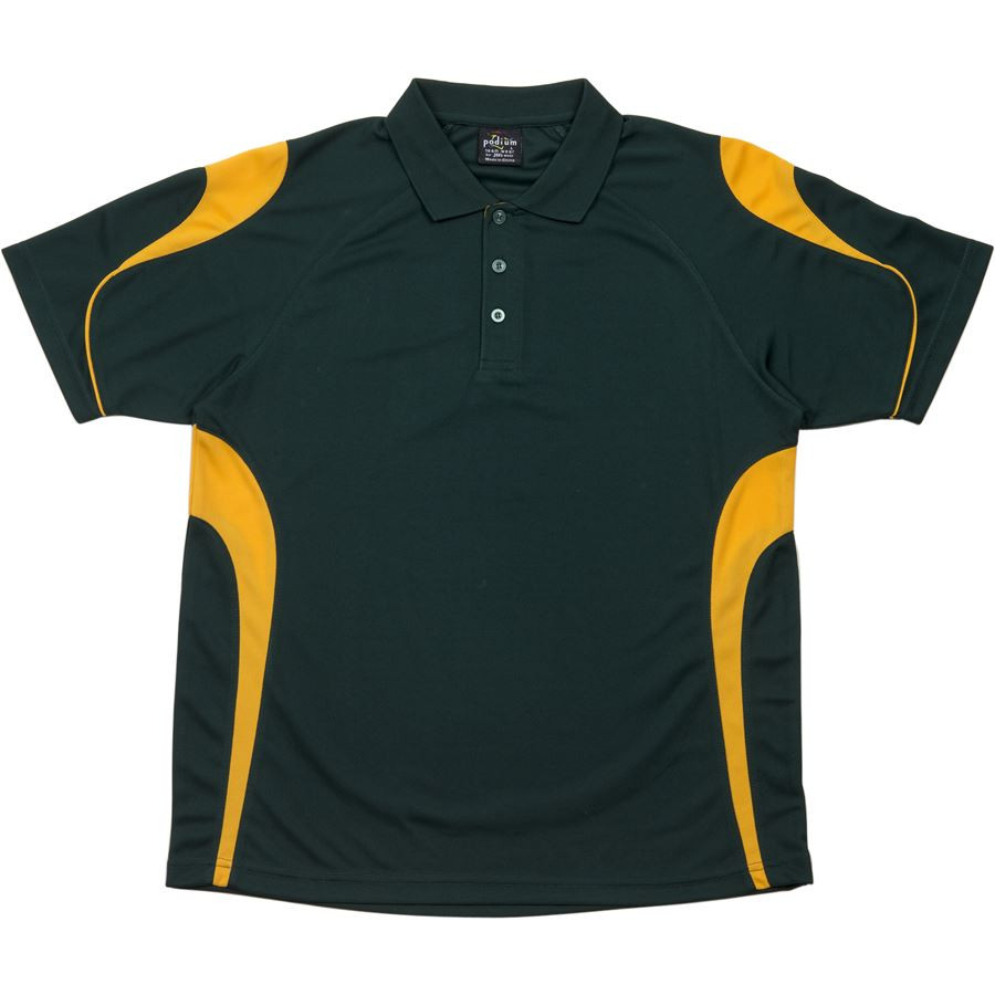 Bottle green polo shirt with gold contrast panels on shoulders and sides, quick dry fabric with button placket