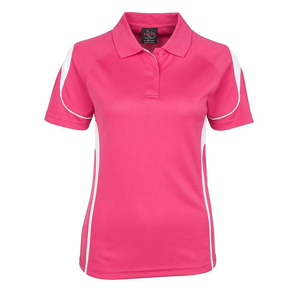 womens quick dry polo uniform | hot pink + white womens quick dry polo uniform | hot pink + white