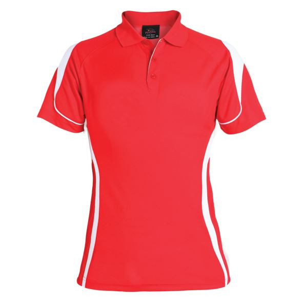 Bright red ladies polo shirt with white contrast side panels and sleeve piping detail