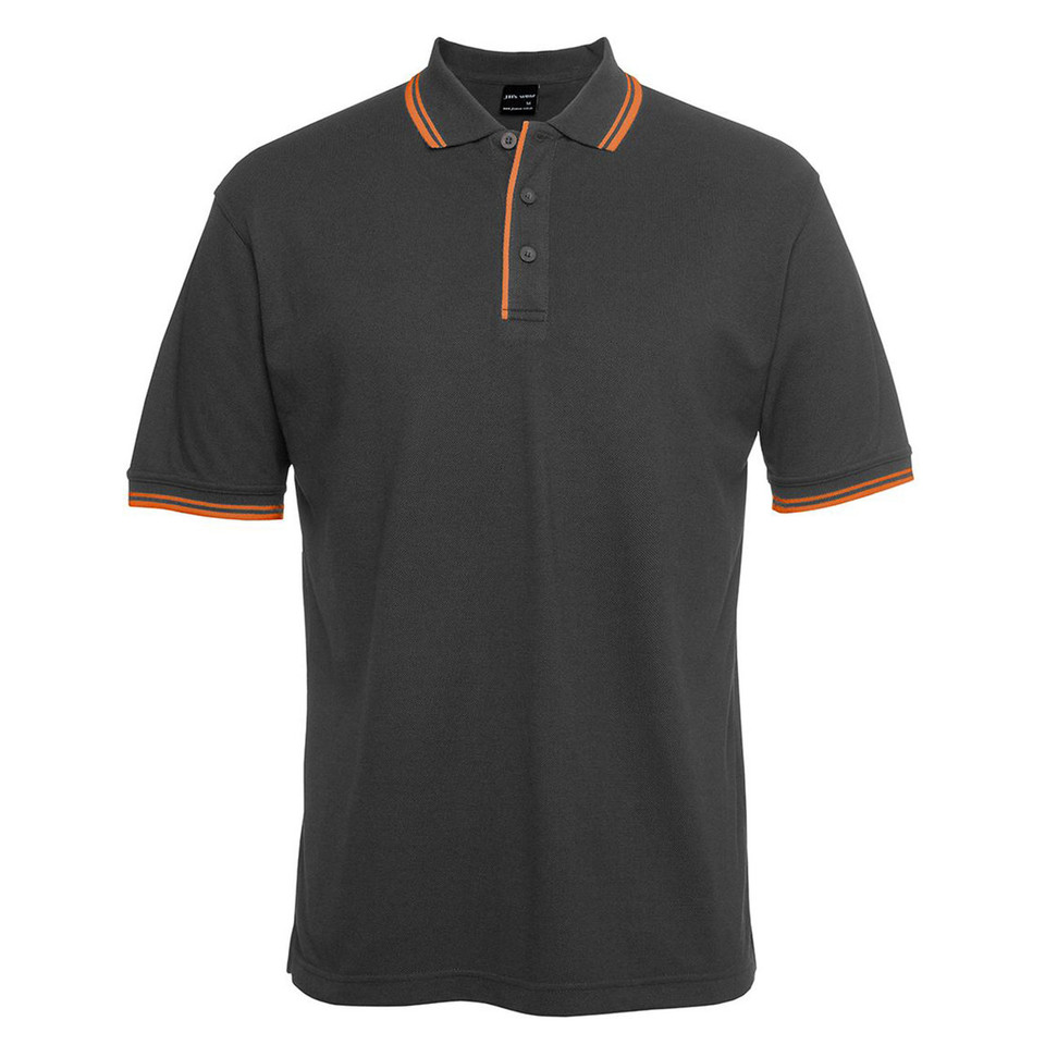 Charcoal grey polo shirt with orange contrast tipping on collar, placket and sleeves
