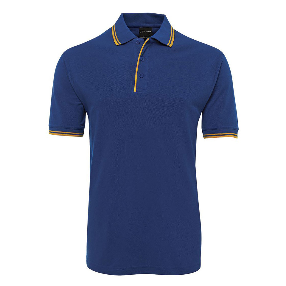 Navy pique polo with gold contrast tipping on collar and sleeves, featuring zip placket detail