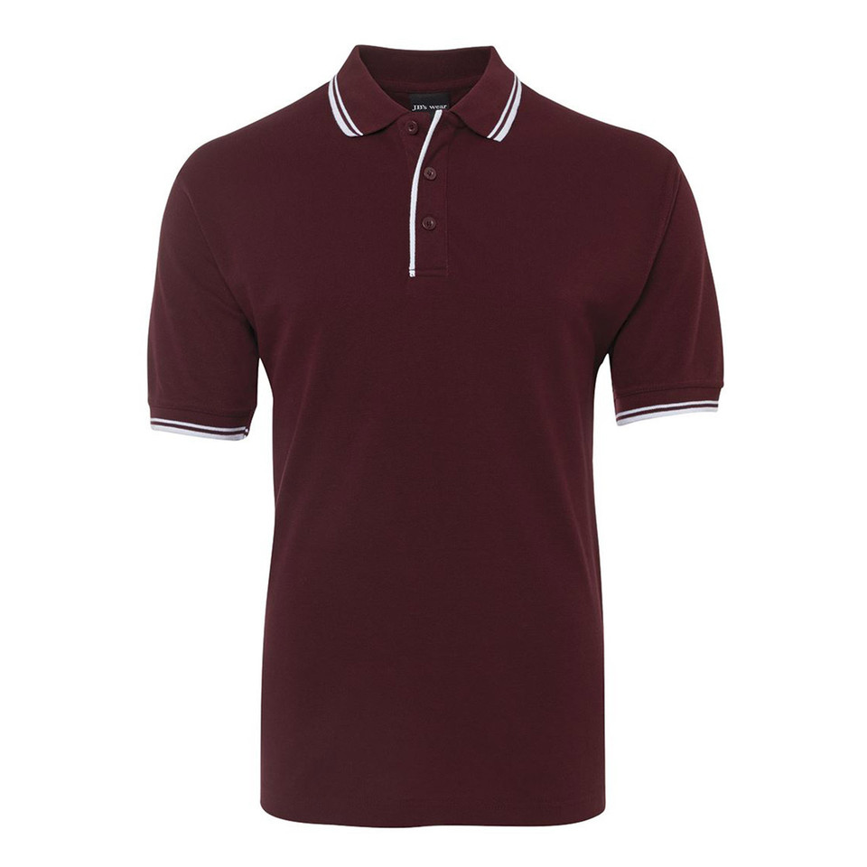 Maroon polo shirt with white contrast tipping on collar, cuffs and placket in classic pique knit
