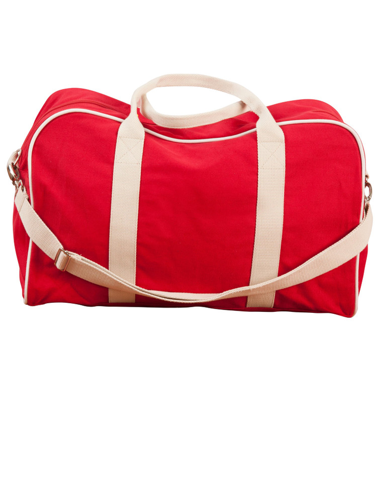 Red canvas duffel bag with natural beige contrast handles and adjustable shoulder strap