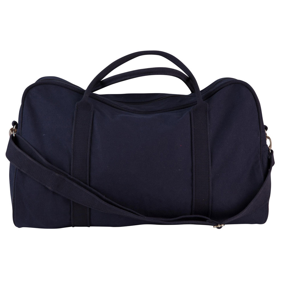 Navy canvas sports duffel bag with black webbing straps and adjustable shoulder strap