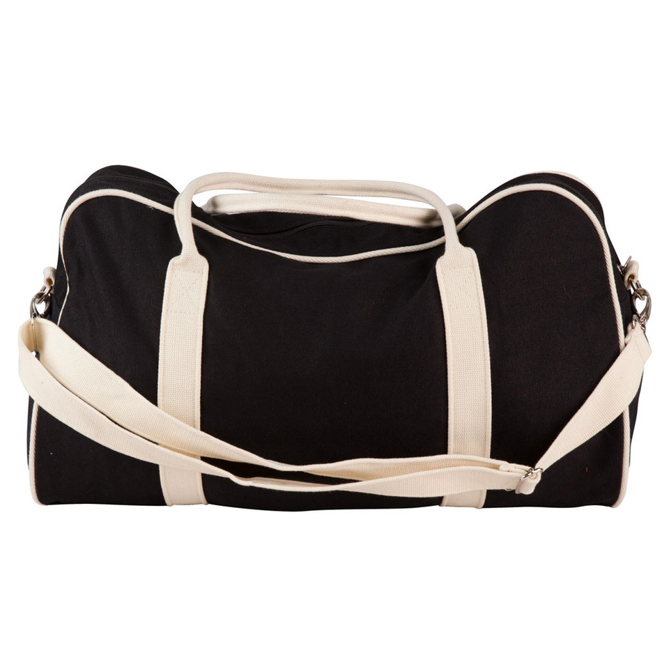 Black+Natural Plain BANDIT 50L sports/gym duffle bag made from 100% cotton canvas with contrast straps, featuring double zip closure and internal organizer pockets, ideal for customization and travel.