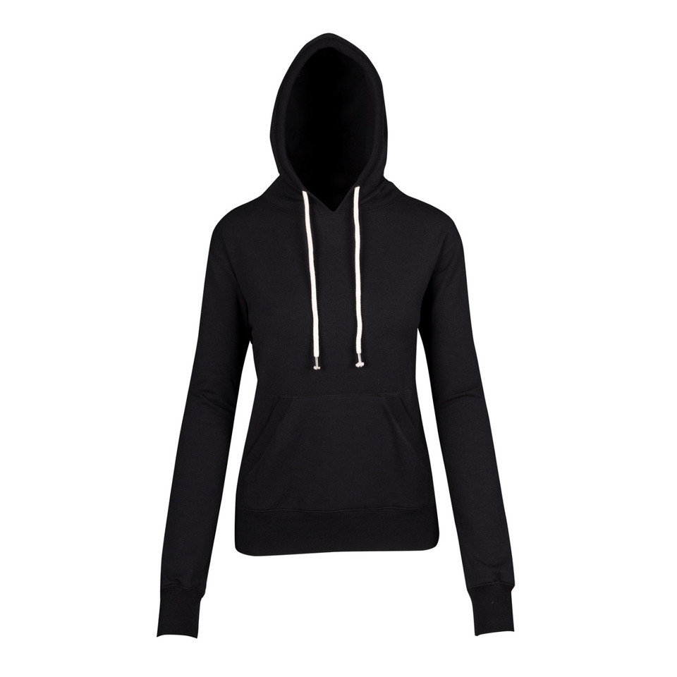 Black lightweight hoodie with white contrast drawstrings and ribbed cuffs for women