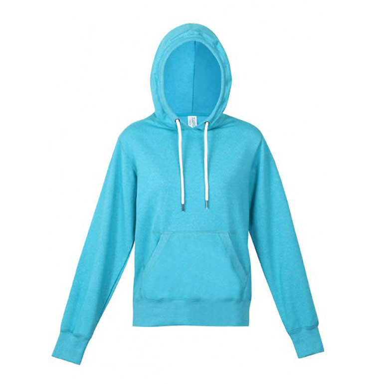 Heather turquoise hoodie with white drawcords, kangaroo pocket, and ribbed cuffs
