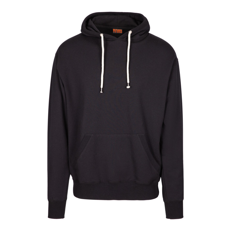 Black heather pullover hoodie with white contrast drawcords and kangaroo pocket