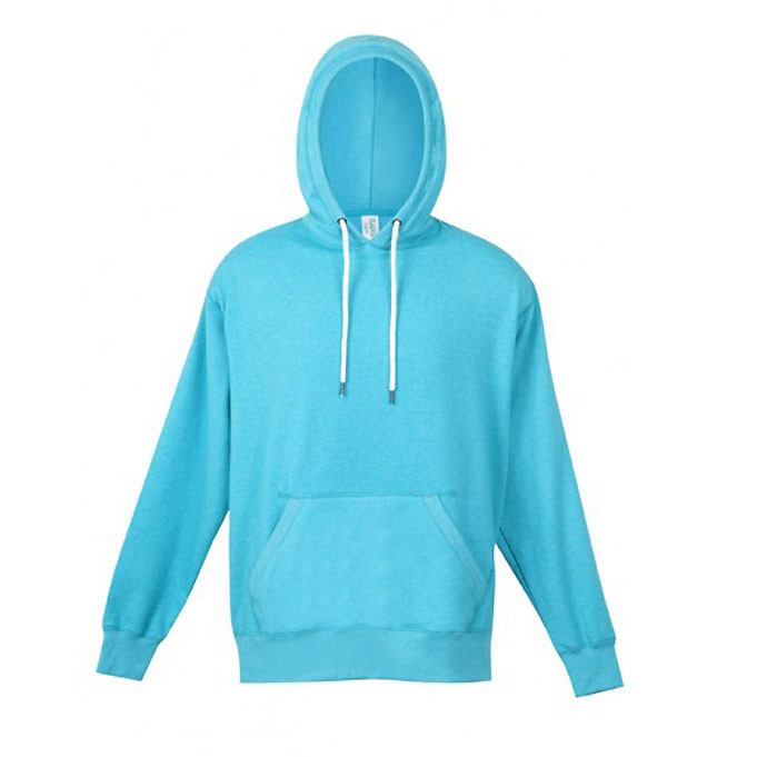 Turquoise heather hoodie with white contrast drawstrings and kangaroo pocket