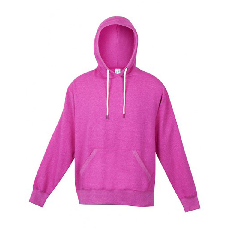 Heather fuchsia pink pullover hoodie with white contrast drawstrings and kangaroo pocket