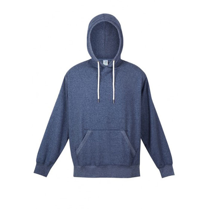 Heather navy pullover hoodie with white contrast drawstrings and kangaroo pocket