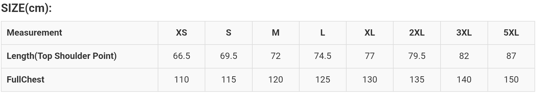 Contrast Hoodie Sizing Chart