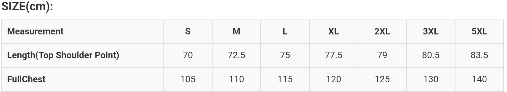 Verta constrast polo shirt sizing chart