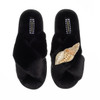 Laines London Classic Black Slippers with Cone Shell Brooch