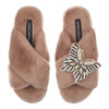 Laines London Classic Toffee Slippers with Butterfly Brooch