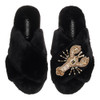Laines London Classic Black Slippers with Gold Lobster Brooch