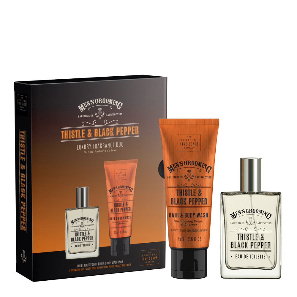 Scottish Fine Soaps Men's Grooming Set – Thistle & Black Pepper, Mit Duschgel, Shampoo & Balsam
