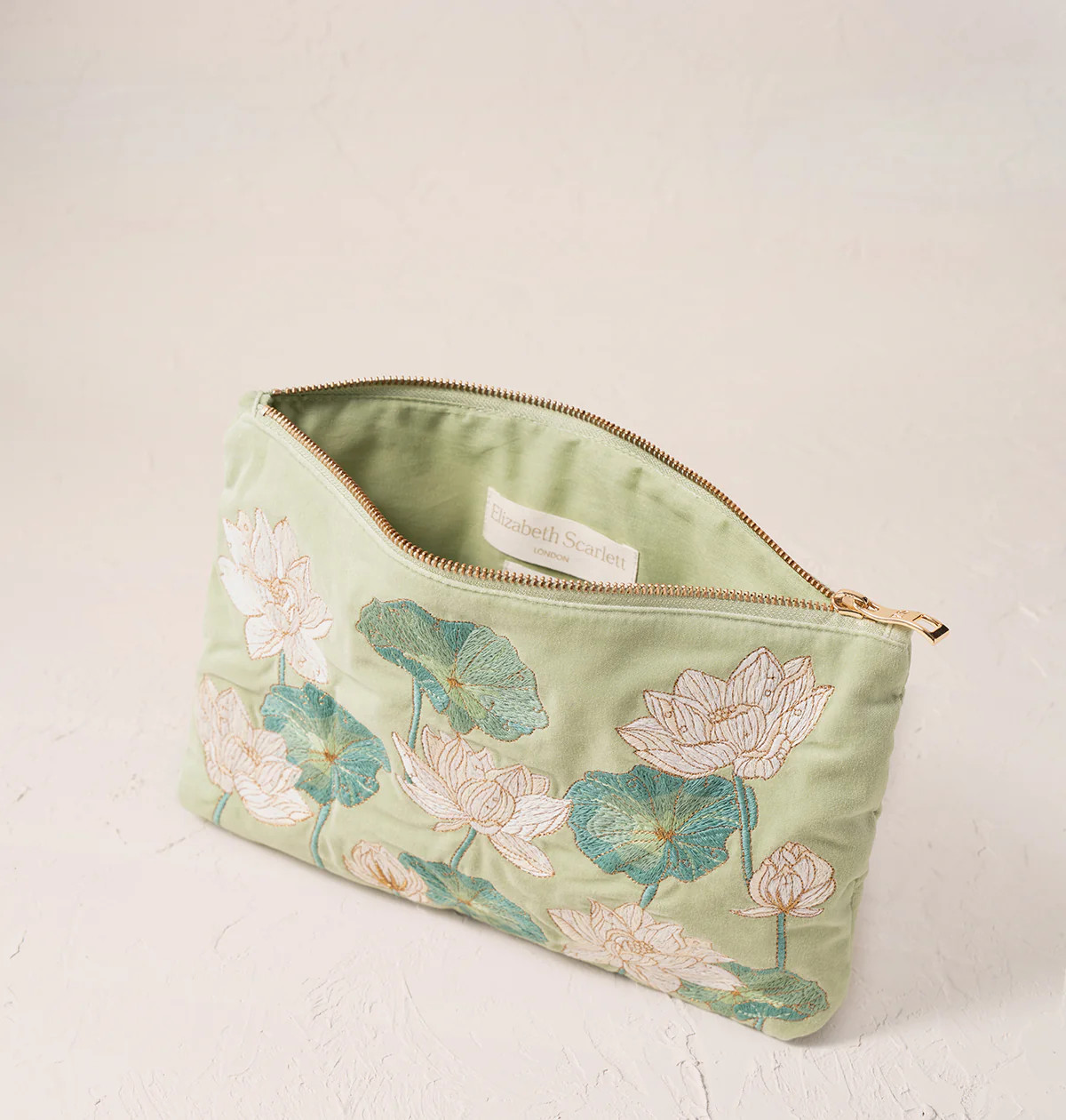 Elizabeth Scarlett Lotus Celadon Velvet Everyday Pouch | Bath
