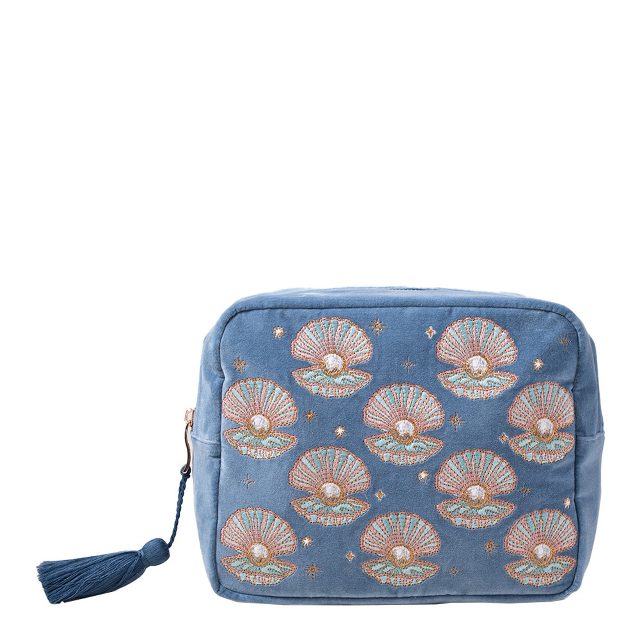 【Elizabeth Scarlett】Pearl Shell Dusky Blue Velvet Wash Bag Elizabeth Scarlett Pearl Shell Dusky Blue Velvet Wash Bag
