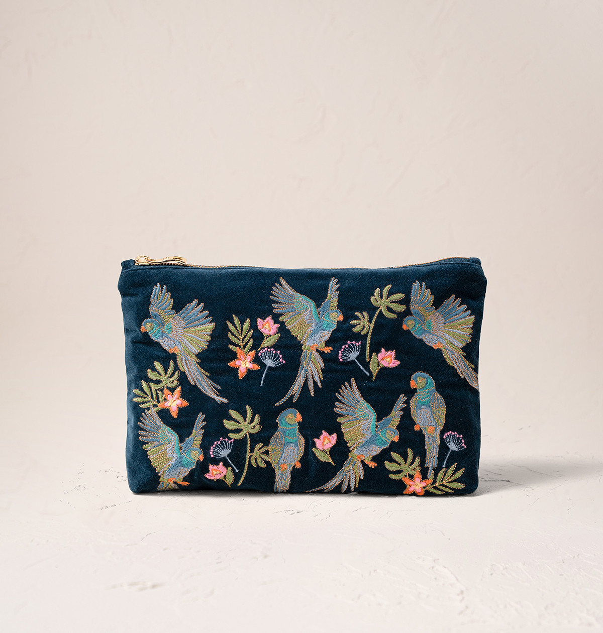 Elizabeth Scarlett Flying Parrots Ink Blue Velvet Everyday Pouch 