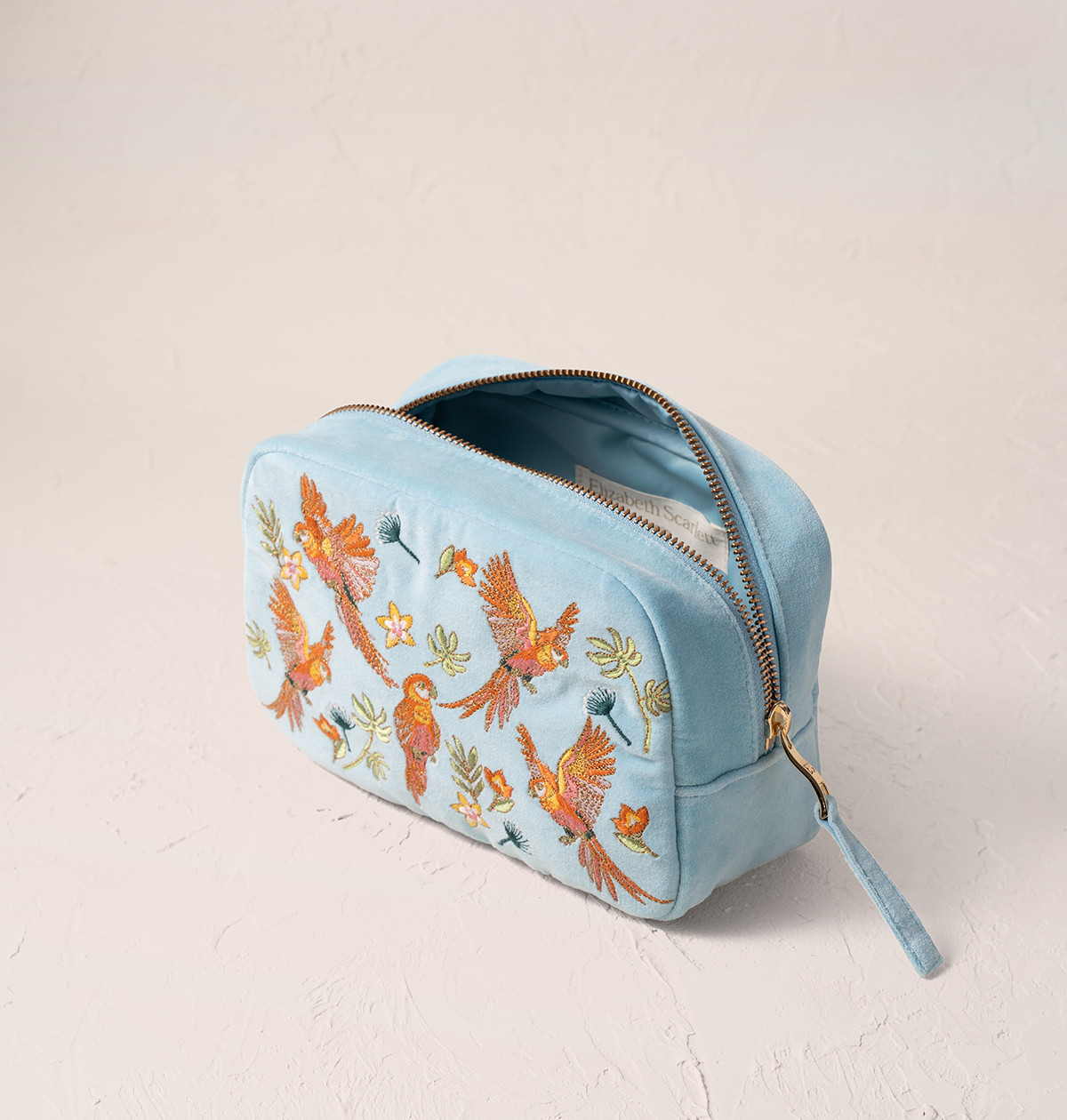Elizabeth Scarlett Flying Parrots French Blue Velvet Makeup Bag