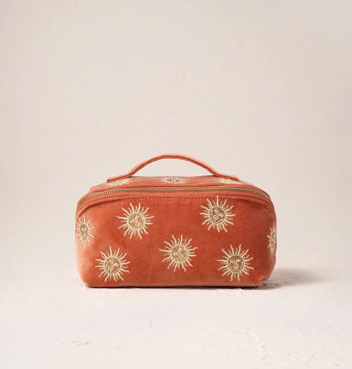 Elizabeth Scarlett Sun Goddess Rust Velvet Open Flat Makeup Bag