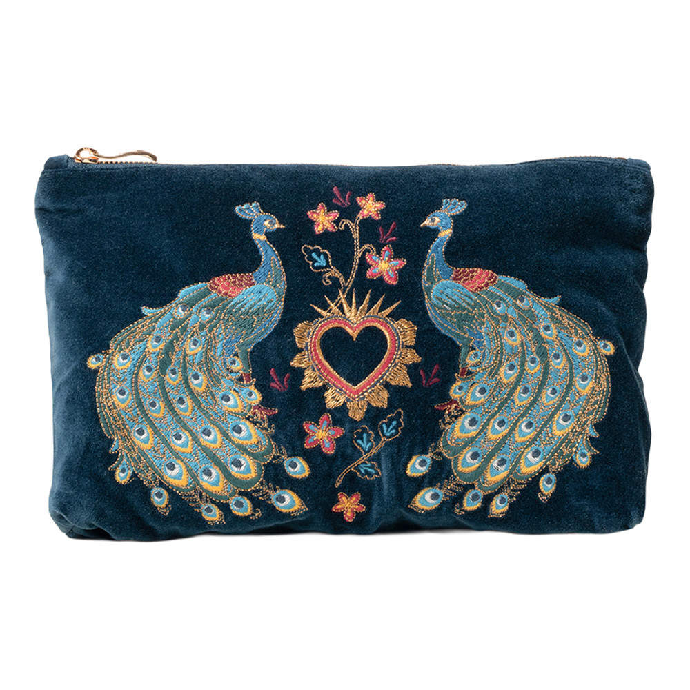 Elizabeth Scarlett Peacock Floral Ink Blue Velvet Everyday Pouch