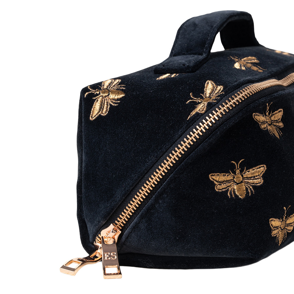 Elizabeth Scarlett Honey Bee Charcoal Velvet Open Flat Makeup Bag