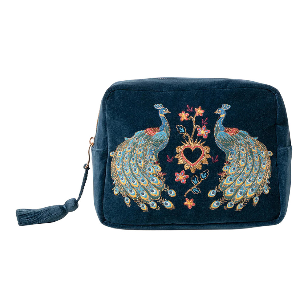 Elizabeth Scarlett Peacock Floral Ink Blue Velvet Wash Bag | Bath