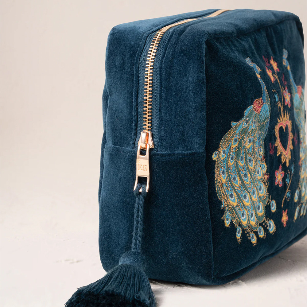 Elizabeth Scarlett Peacock Floral Ink Blue Velvet Wash Bag | Bath 
