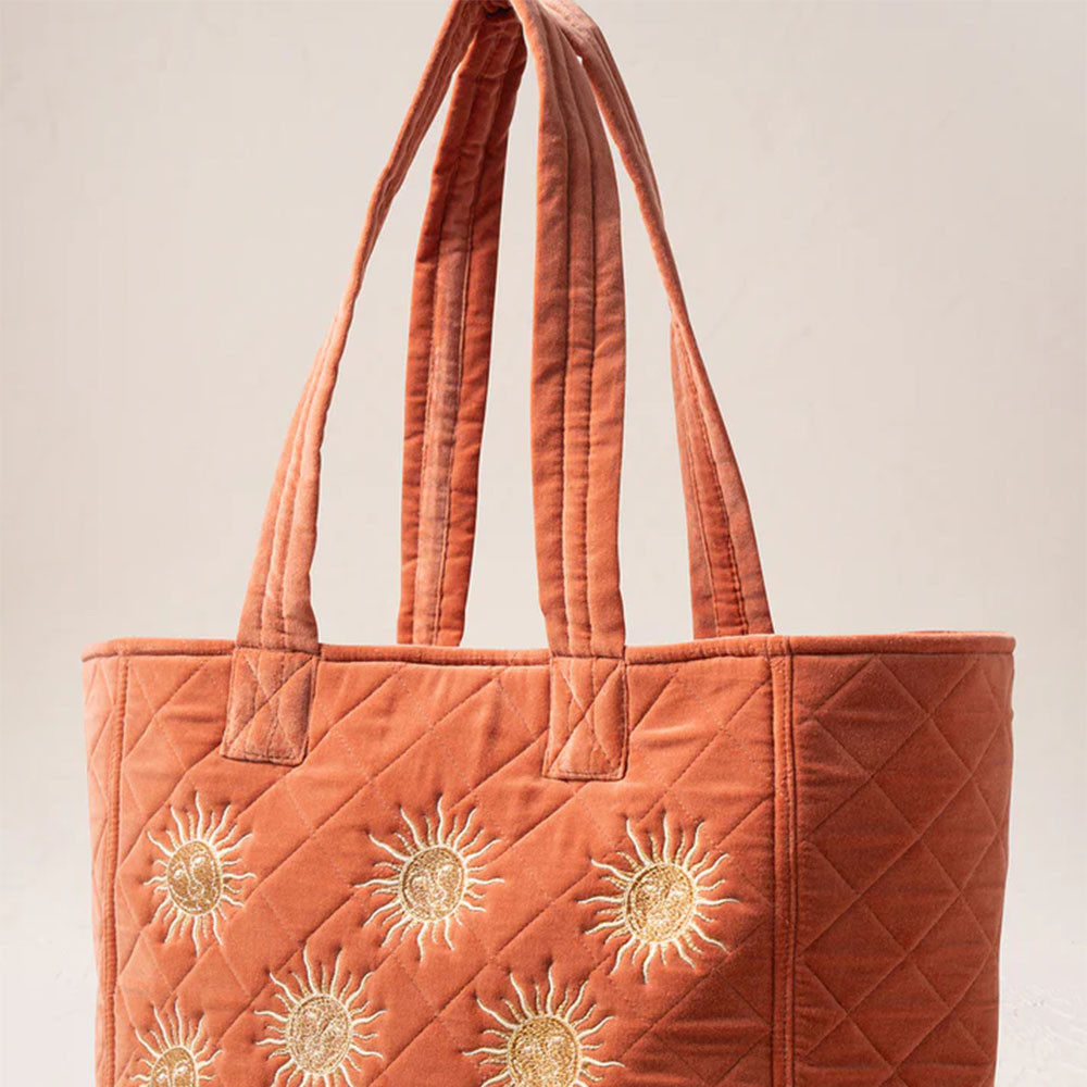 Elizabeth Scarlett Sun Goddess Velvet Tote - Rust | Bath & Unwind Elizabeth Scarlett Sun Goddess Velvet Tote - Rust | Bath & Unwind