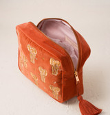 Elizabeth Scarlett Golden Elephants Rust Velvet Wash Bag