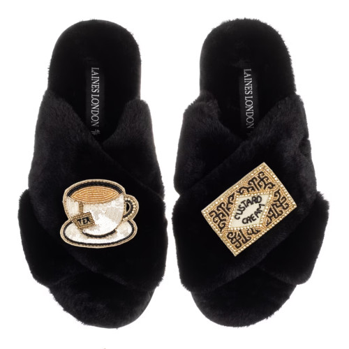 Laines London Classic Black Slipper Tea & Biscuit US 7-8