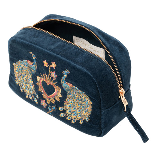 Elizabeth Scarlett Peacock Floral Ink Blue Velvet Makeup Bag