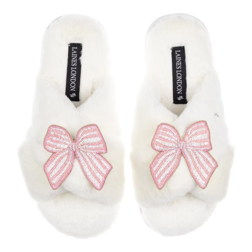 Laines London Classic Pink Stripe Bows Cream Slipper US 9-10