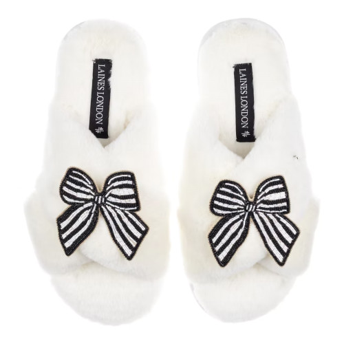 Laines London Classic Black Stripe Bows Cream Slipper US 7-8
