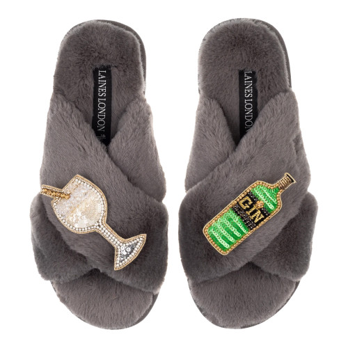 Laines London Classic Grey Slippers with Double Orignal Gin Brooch