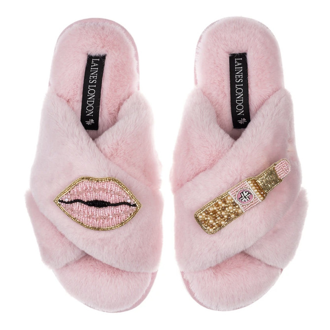 Laines London Classic Pink Slippers Pucker Up Brooches Medium US 7-8