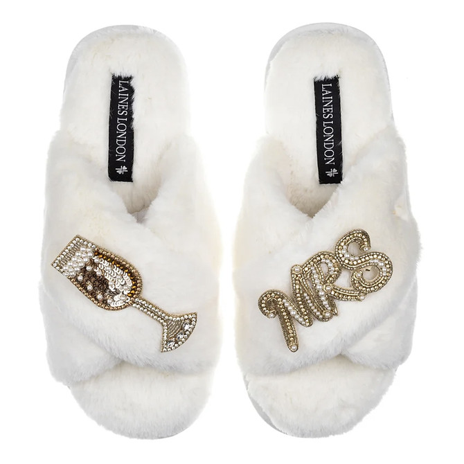 Laines London Classic White Wedding Slipper Mrs & Champagne US 7-8