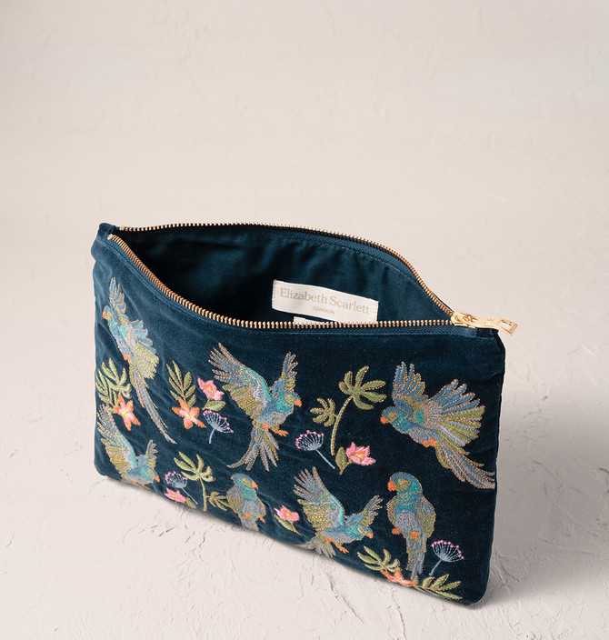 Elizabeth Scarlett Flying Parrots Ink Blue Velvet Everyday Pouch