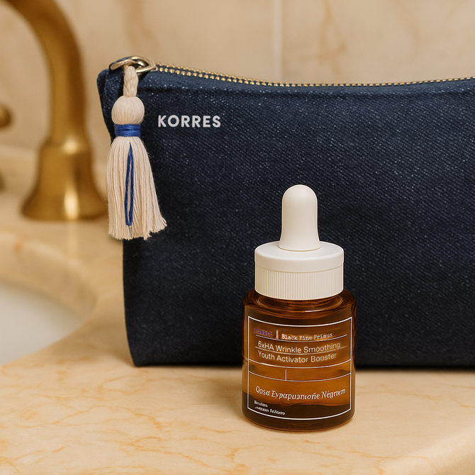 Korres Black Pine Booster travel size plus Washbag